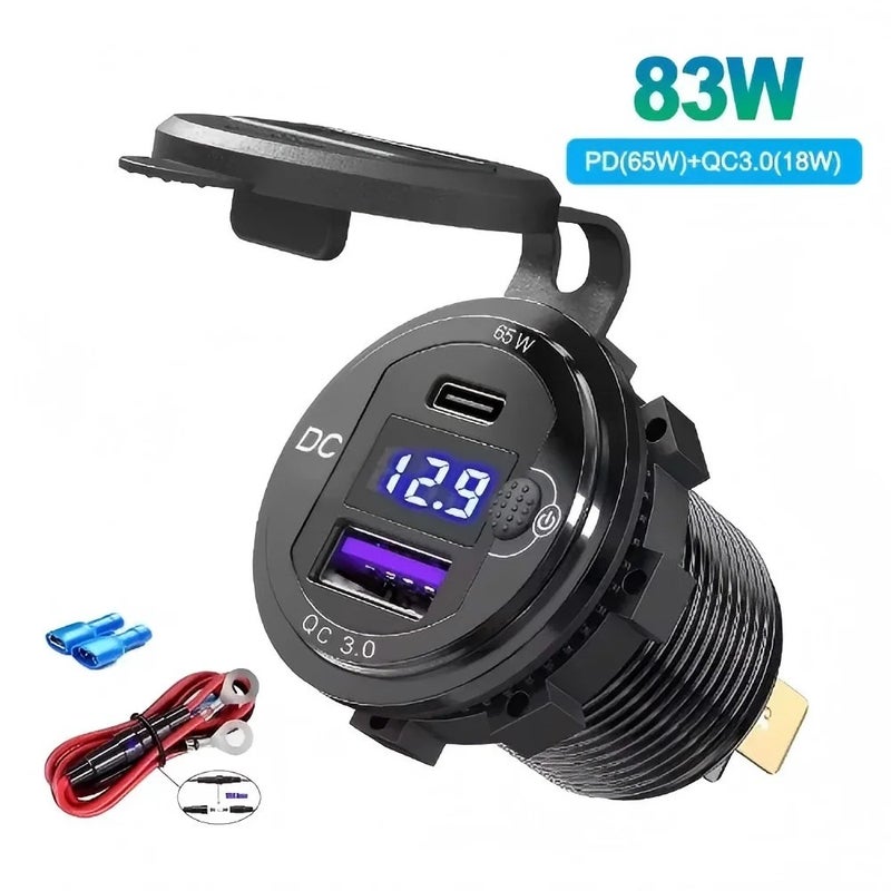Bluejw 83W USB C Car Charger: 65W PD & QC 3.0 Fast Charging Adapter with Voltmeter, 12V/24V Power Outlet for Automobile, Marine, Motorcycle, RV - Durable ABS Material, 3A - Image 5